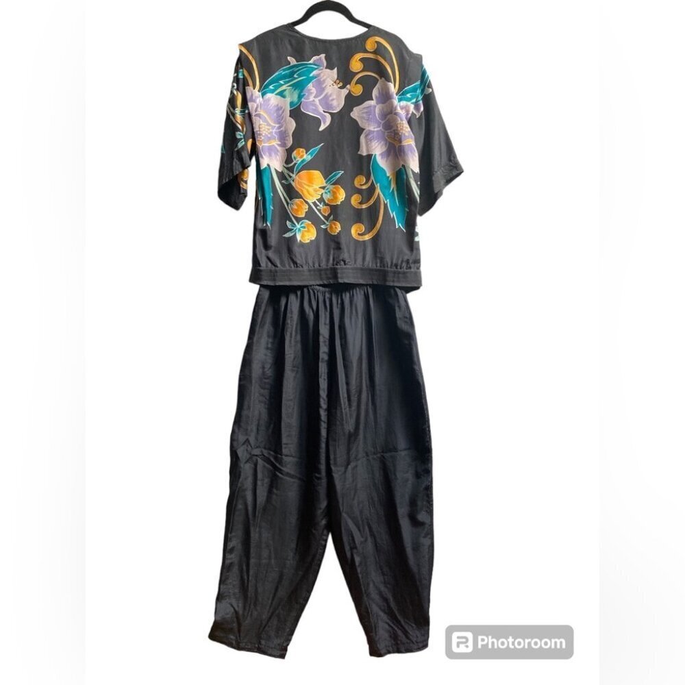Koret Black silk shirt & pants set with Teal, Purple & Yellow Floral Print